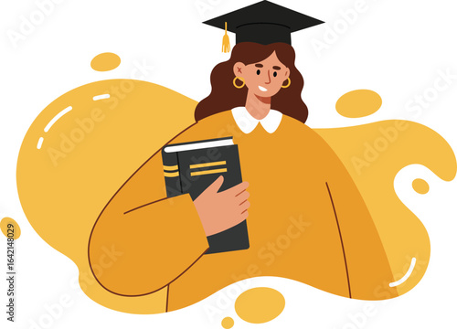 Female graduate student holding books wearing graduation cap and gown in yellow vector illustration 