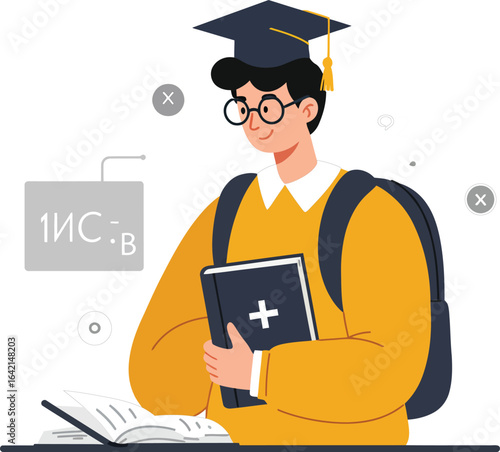 Student studying with graduation cap and backpack holding book for education and learning concept vector illustration 