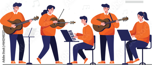 Group of musicians playing guitar violin piano and singing in casual orange clothing vector illustration 