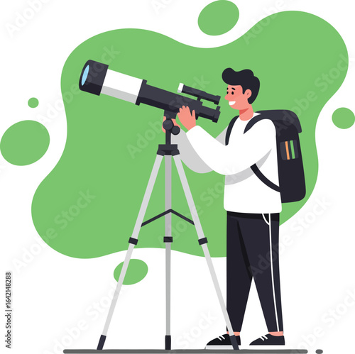 Young man looking through telescope for stargazing and astronomy hobby outdoors with backpack 