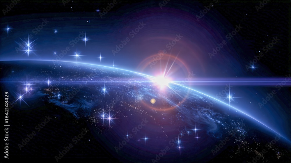 Obraz premium Dramatic Cosmic View: Sunrise Over Planet with Stars and Nebula in Deep Space