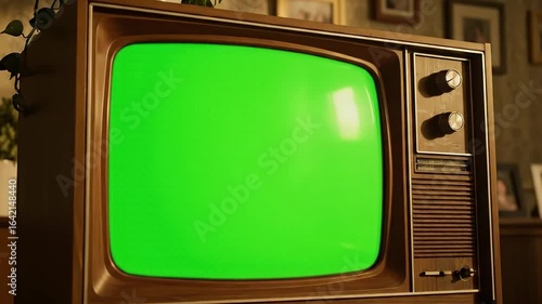Vintage television set with a green chroma key screen in a nostalgic, warmly lit retro living room.
