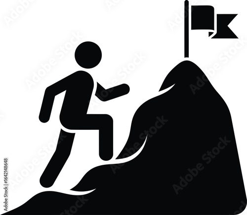 Vector art of stick figure climbing a mountain towards a flag, isolated on white background