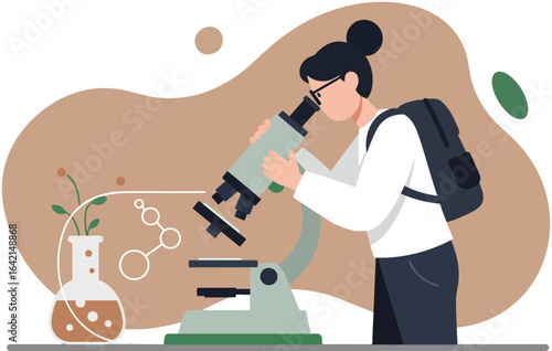 Female scientist examining samples through microscope in laboratory setting vector illustration 