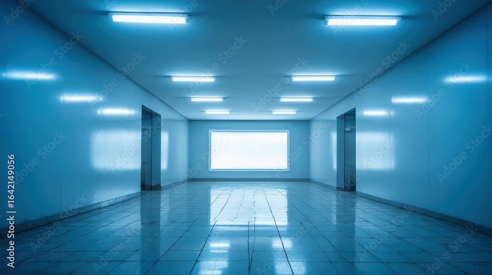 Fototapeta premium Illuminated Empty Blue Hallway with Bright Light Source, Perspective View, Indoor, and Shiny Floor