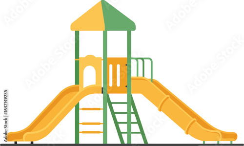 Children playground equipment with dual yellow slides and green climbing frame vector illustration 