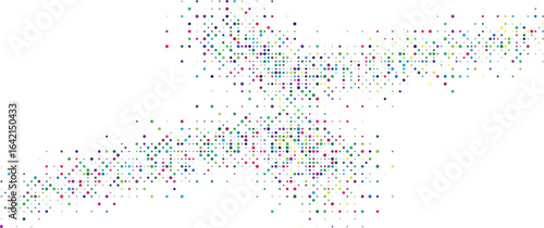 Colorful confetti dots crossing in sweeping waves on a clean white background abstract multicolor particle pattern for celebration banners invites prints and web layouts