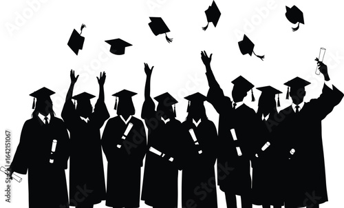 Vector art of graduation caps tossed in the air by silhouetted students