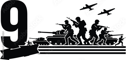 Vector art of victory 9th illustration with soldiers tanks and planes isolated on white background