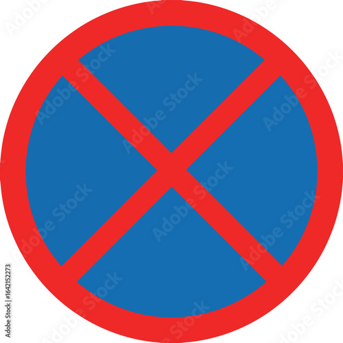 No stopping and waiting traffic sign, vector illustration of a blue circle with a red cross, road regulation