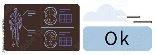 Human figure, brain MRI scans, and data grids represent health analytics, diagnostics, medical research. Ok in a cloud emphasizes verification and efficiency. Ideal for healthcare, AI, diagnostics