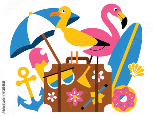 Summer Beach Cartoon Elements Vector Collection with Flamingo, Swimwear, and Tropical Vacation Illustration
