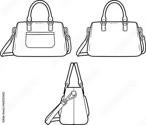 Sketch of a stylish handbag, front, side, and top views, handbag design, fashionable bag, detailed bag illustration