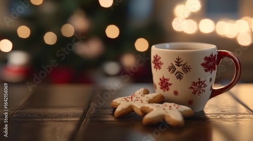 Coffee cup surrounded by Christmas cookies.