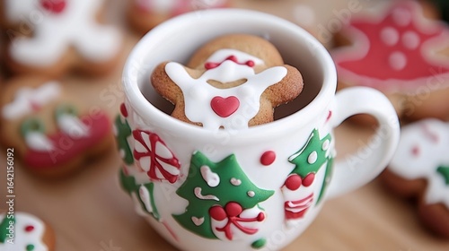Festive cookies near a coffee cup.