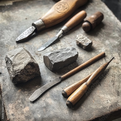 Stone carving: vintage hand tools.