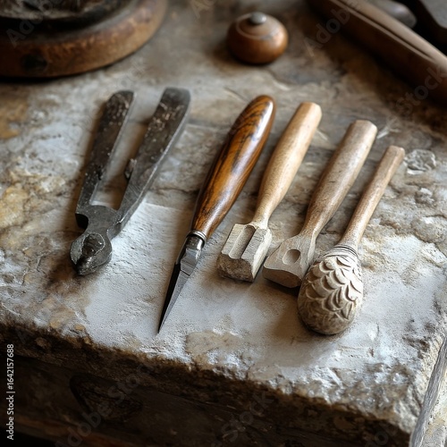 Hand stone carving's old tools.