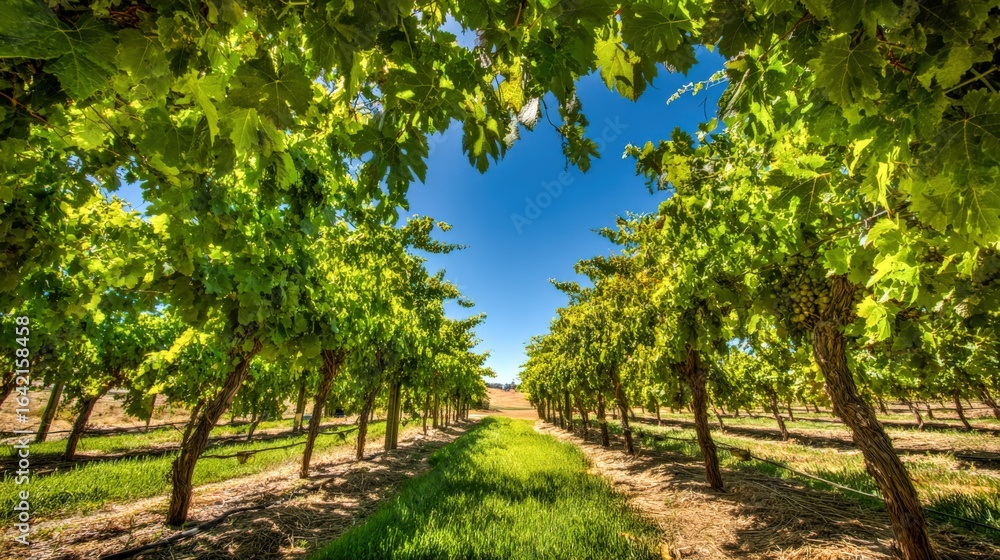 Obraz premium Vineyard Landscape with Rows of Grapevines Stretching into the Distance Under a Blue Sky