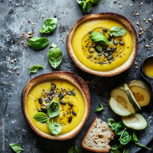 Yellow soup, vegan. With seeds, fruit. Grey stone.