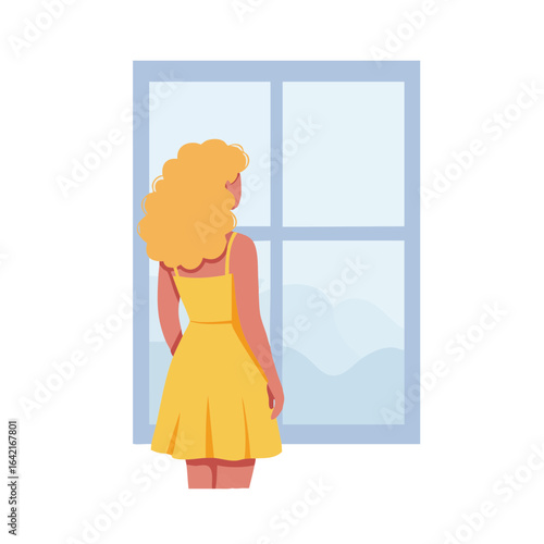 Vector illustration of woman standing alone by window on white background, contemplative mood