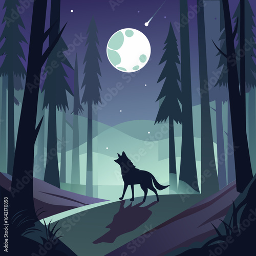 Silhouette of a Wolf Howling at the Moon in a Forest night