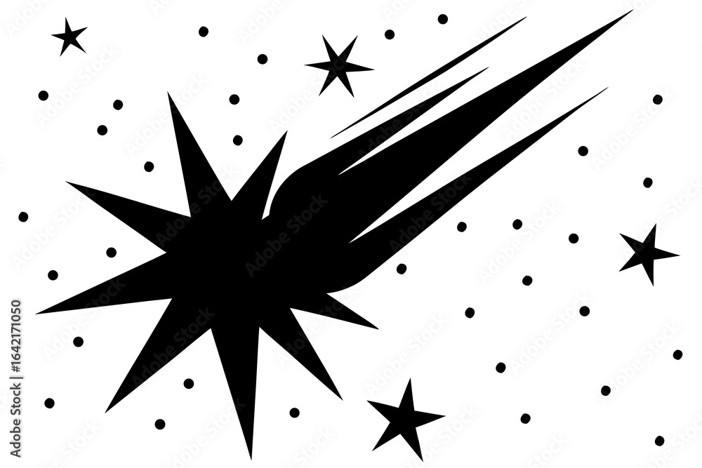 Fototapeta premium Black Silhouette of a Shooting Star with a Trail and Scattered Dots on White comet meteor