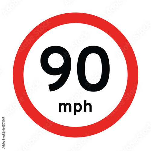 Speed limit sign, vector illustration of a circular road sign with a red border and '90 mph' text, traffic regulation - 90 Mph