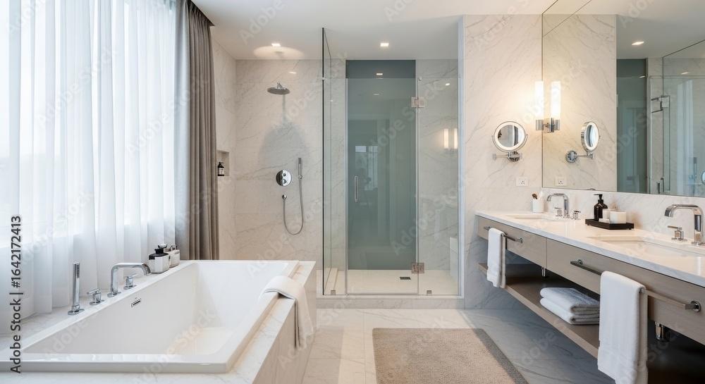 Wide shot of a modern luxury bathroom interior with white marble walls, a large bathtub, and a glass walk-in shower under bright ambient light.
Wide shot of a modern luxury bathroom interior with white marble walls, a large bathtub, and a glass walk-in shower under bright ambient light.