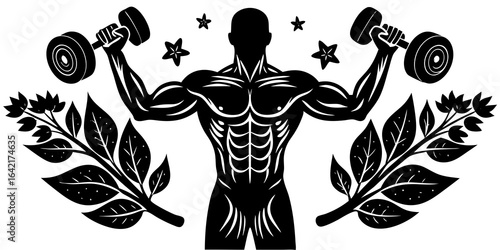 Muscular Man Lifting Dumbbells with Laurel Wreaths and Stars weights