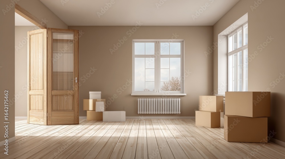 Obraz premium Bright, Empty Room with Moving Boxes and Sunlight, Symbolizing New Beginnings and Relocation
