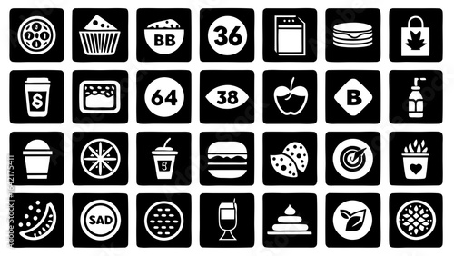 Collection of Food Drink and Number Icons on Black Background food icons drink icons
