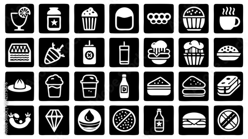 Assortment of black and white food and drink icons arranged in a grid collection