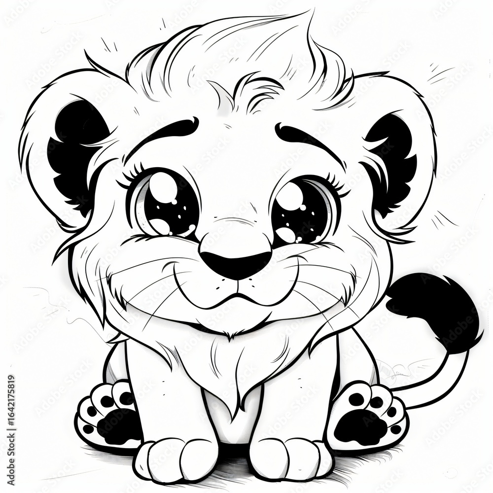 Obraz premium Cute cartoon lion cub, adorable young animal character with big eyes, playful expression, perfect for children's themes.