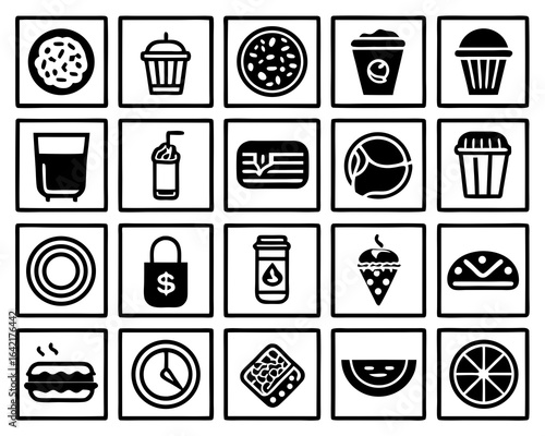 Diverse Food and Drink Icons Arranged in a Grid collection