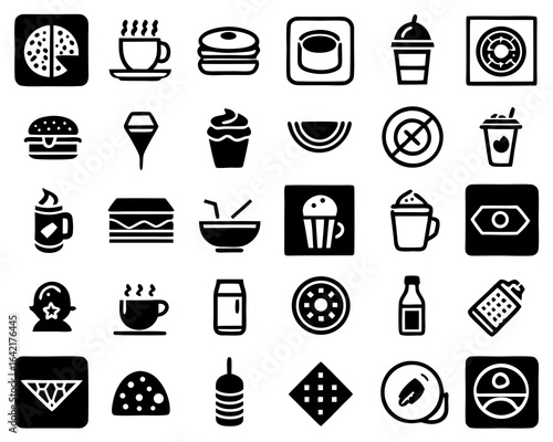 Assortment of Food and Drink Icons on Black Background collection
