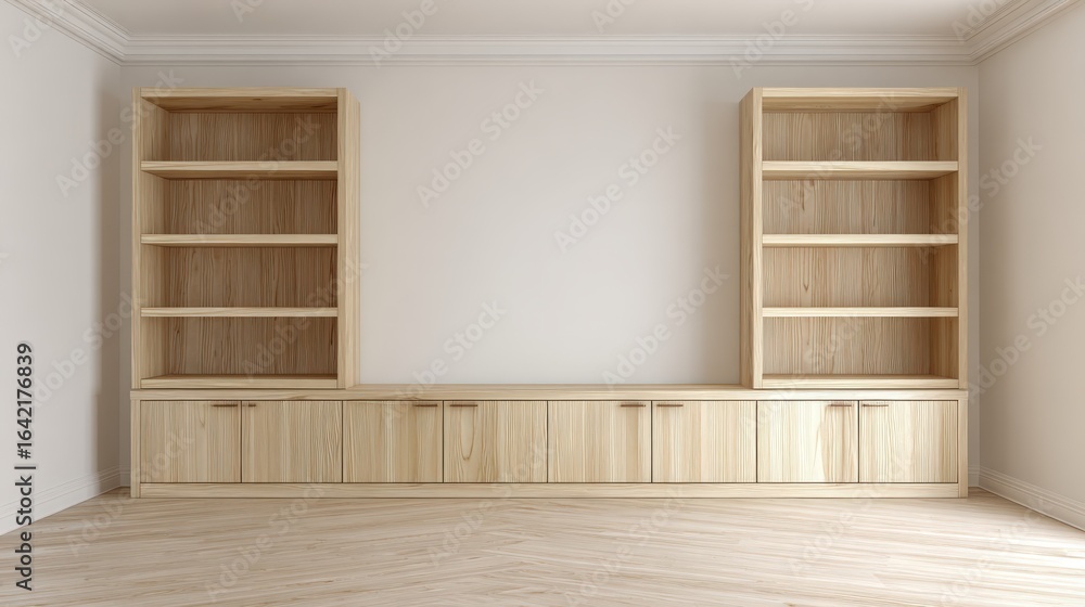 Fototapeta premium Custom Wood Built-In Shelving Unit with Cabinets and Natural Finish in Modern Minimalist Interior