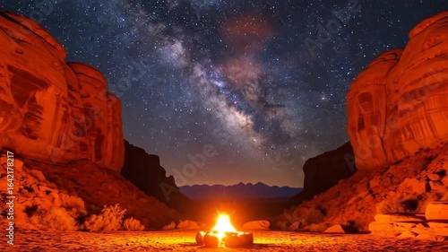 Campfire Burning Brightly Under a Starry Night Sky with the Milky Way and Majestic Red Rock Formations.