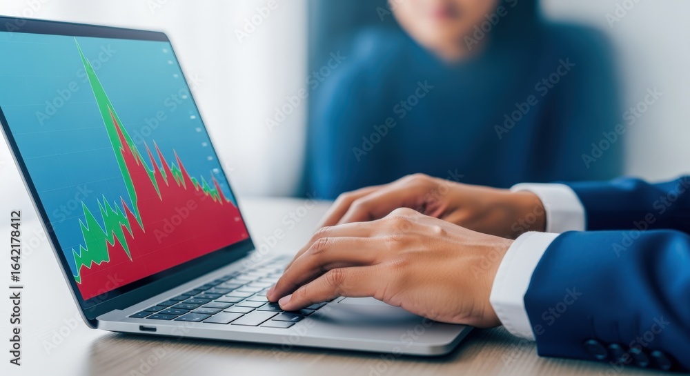 Fototapeta premium Businessman Analyzing Stock Market Data on Laptop, Investment Strategy and Financial Analysis in Office
