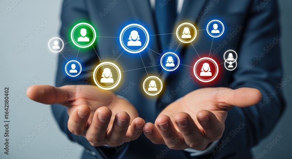 Fototapeta premium Global Networking Concept: Businessman Presenting a Virtual Network of Connected People Icons in his Hands