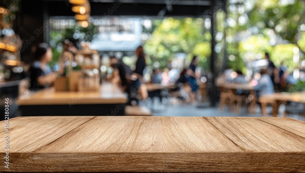 Light brown wooden table top with blurred cafe background. Light brown wooden table top with blurred cafe background.