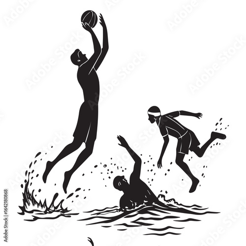 Silhouette illustration of water polo players in action, one leaping to throw the ball, another swimming, and a third emerging from the water, isolated on white background