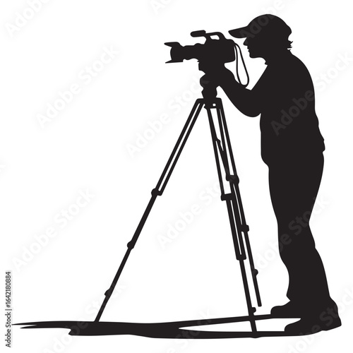 Silhouette of a cameraman with camera and tripod isolated on white background showing a man filming a movie or television show in a studio shot with nobody present
