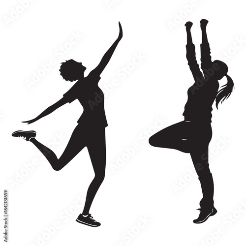 Silhouette of two women doing sport, isolated on white background the silhouettes are of two women doing sport, one jumping and one dancing