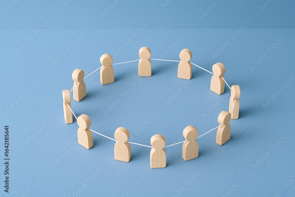 Obraz premium Teamwork Circle: Wooden Figures Connected by String Symbolizing Collaboration, Unity, Communication, and Teamwork in Business