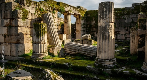 Ancient moss-covered Greek ruins with fallen stone columns under warm sunlight
