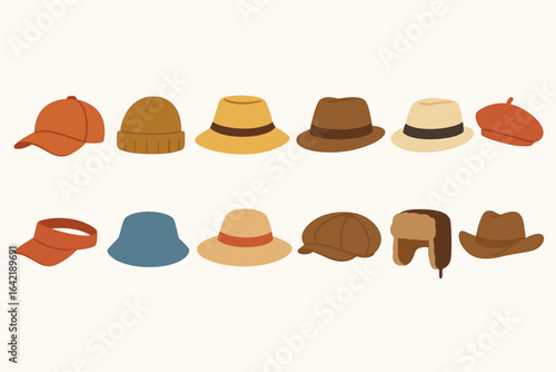 Hat and cap flat icon set. fashion accessories, headwear flat icons collection