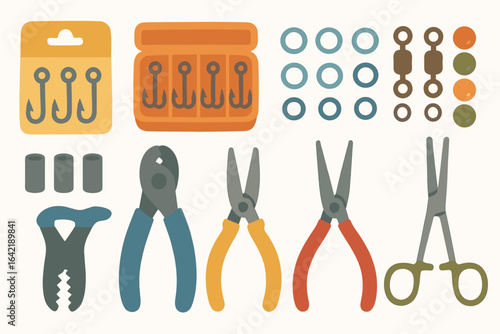 Fishing tools flat icon set. hooks, pliers, and tackle icons in flat style