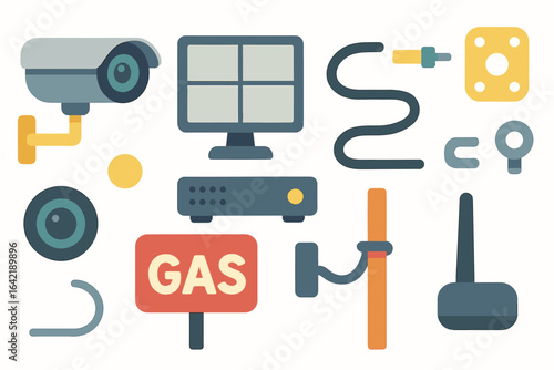 Security and surveillance flat icon set. cameras, monitoring devices and alerts icons