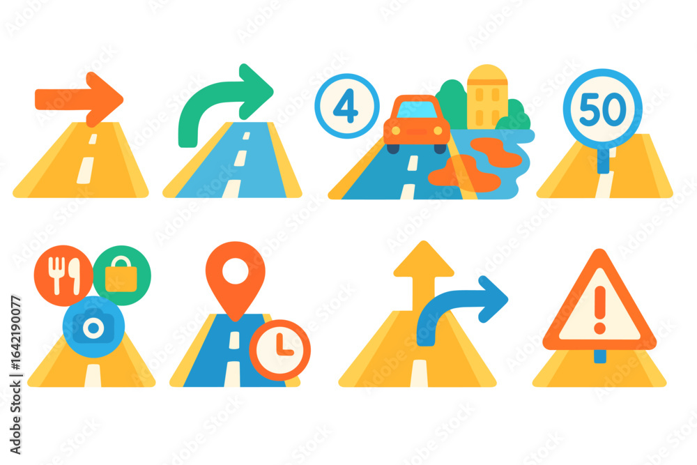 Road signs icon set. traffic, navigation symbols in flat style collection Road signs icon set. traffic, navigation symbols in flat style collection