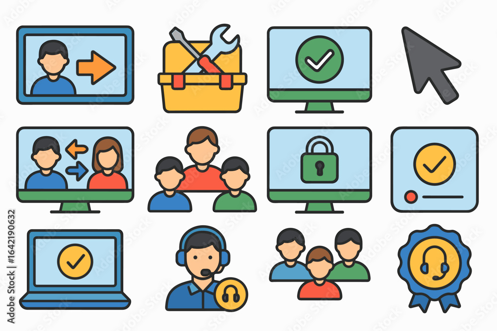 Fototapeta premium Business communication flat icon set. teamwork, network, online meeting icons.